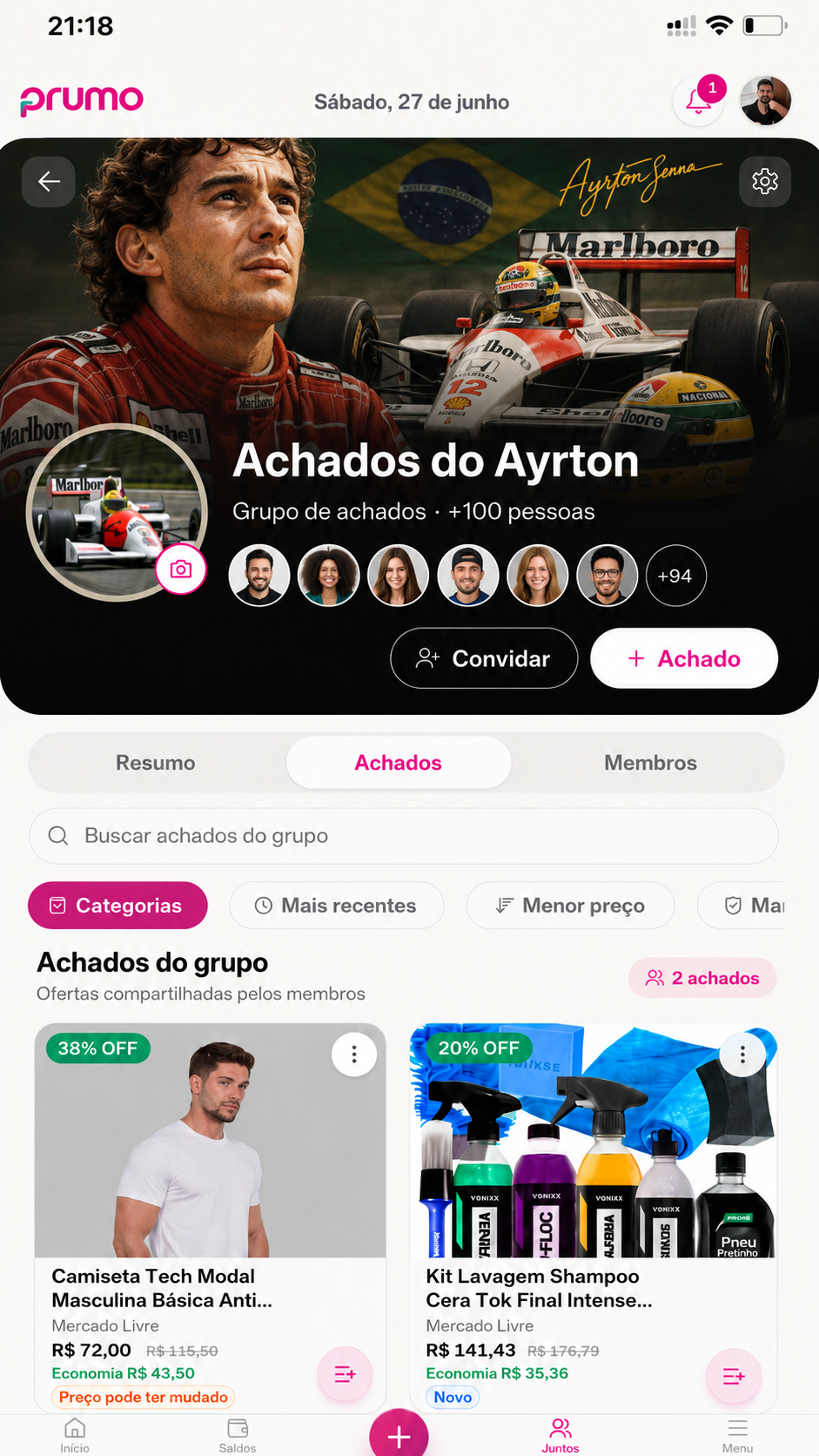 Tela Juntos do Prumo com grupo e achados compartilhados