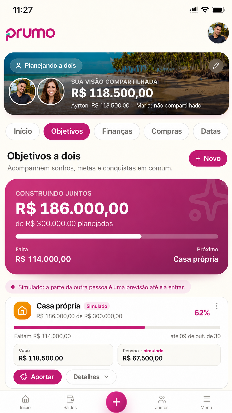 Objetivos a dois no Prumo: meta de casa própria em 62%