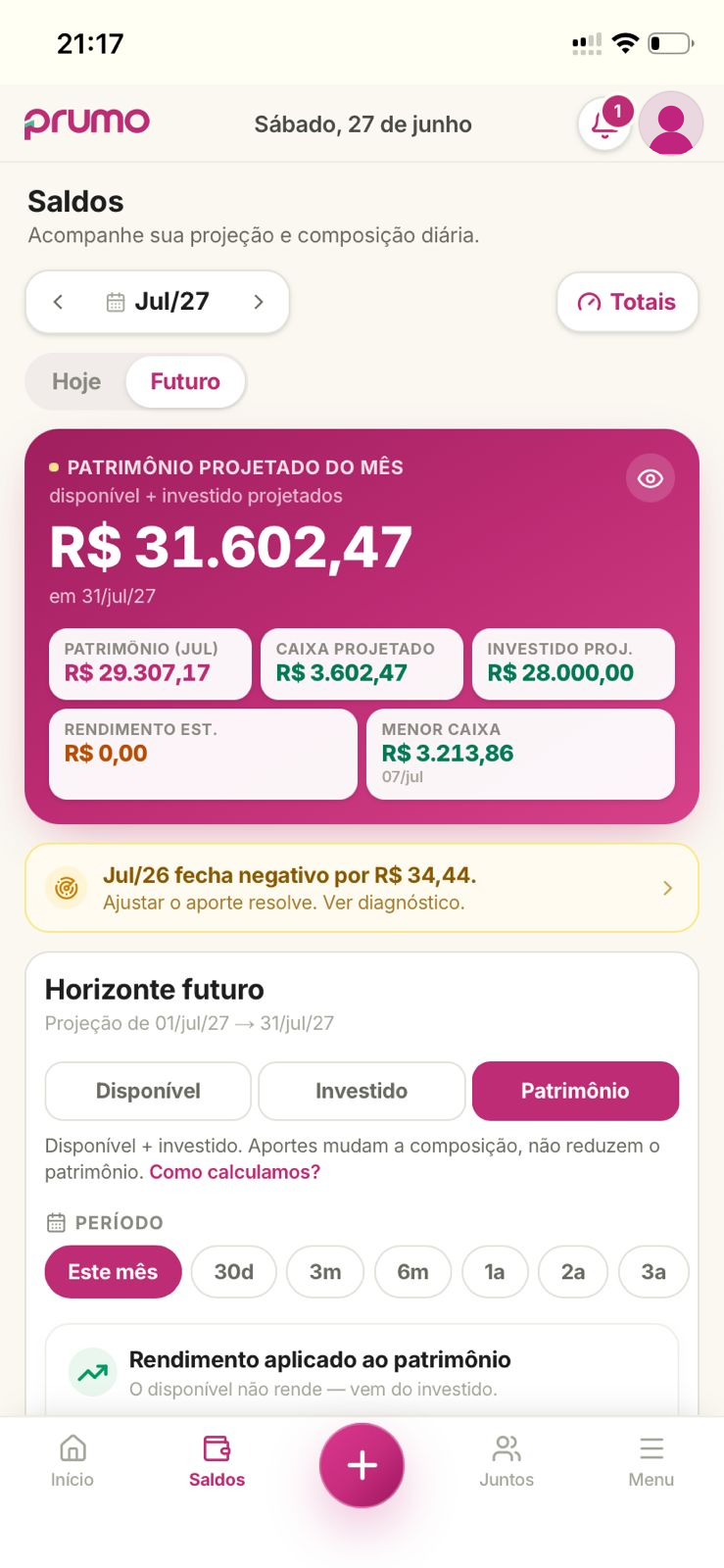 Tela Saldos do Prumo